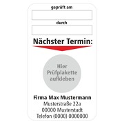Grundplakette mit Firmeneindruck nächster Termin Prüftermin 50 x 85 mm