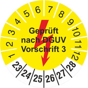 Prüfetiketten Geprüft nach DGUV Vorschrift 3 gelb mit Blitz 2023-2028