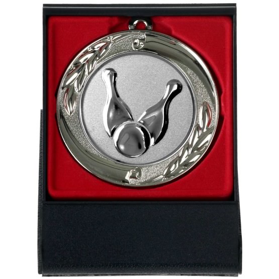 Bowling Kegeln Medaille mit Etui zum Aufstellen gold silber bronze 70mm Metall